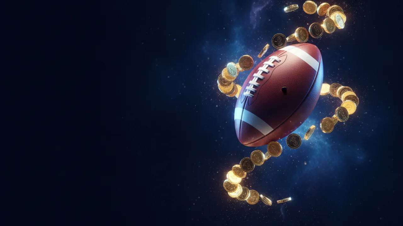 Ball im Wirbel aus goldenen Münzen vor blauem Nebel