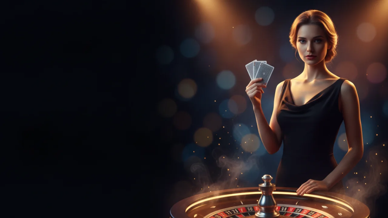Croupière mit Spielkarten am leuchtenden Roulette-Tisch